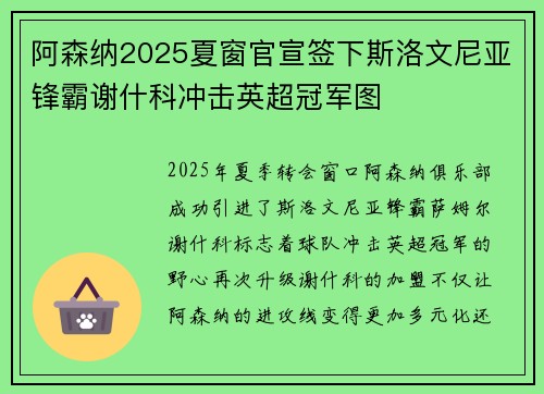 阿森纳2025夏窗官宣签下斯洛文尼亚锋霸谢什科冲击英超冠军图