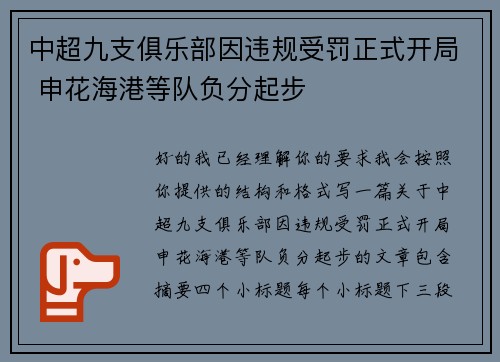 中超九支俱乐部因违规受罚正式开局 申花海港等队负分起步