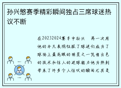 孙兴慜赛季精彩瞬间独占三席球迷热议不断